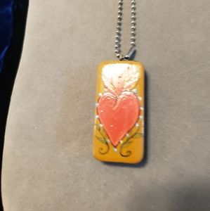 Hand-Painted Orange & Red Heart Pendant Necklace